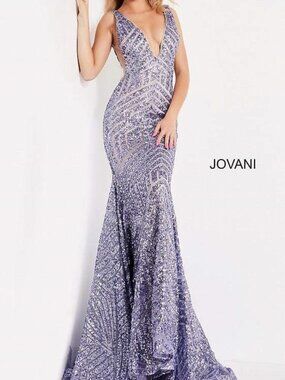 NWT Jovani 59762 Sexy Sequined Plunging Prom Dress Purple Size 6